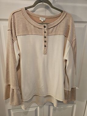 POL Two-Tone Cream & Beige Ribbed Henley Top